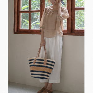 Áo sơ mi linen ngắn tay cổ vuông khuy cài sau - NU8543