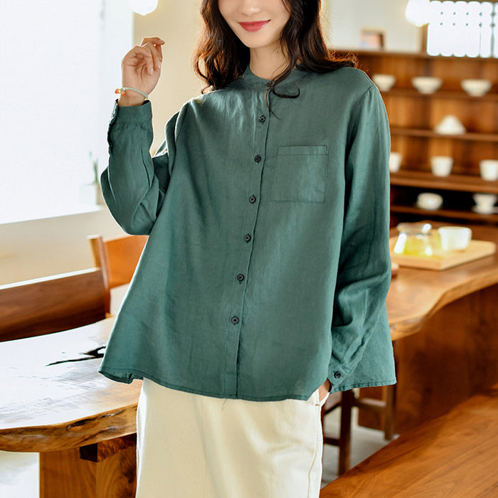 Áo sơ mi linen dài tay cổ đứng một màu túi vuông - NU6736