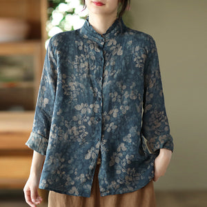 Áo sơ mi linen dài tay cổ đứng xếp ly in những chiếc lá - NU8290