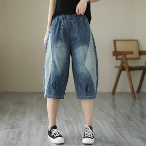 Quần baggy lửng denim lưng thun mảng màu - NU8297