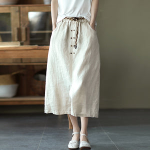 Chân váy linen lưng thun hai hàng khuy kèm thắt lưng - V001
