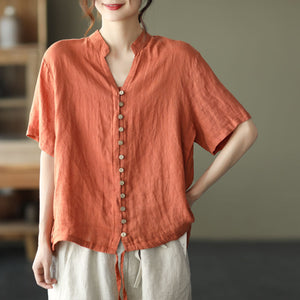 Áo sơ mi linen ngắn tay cổ đứng dây rút vạt áo - NU7016