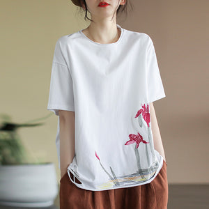 Áo T-shirt ngắn tay cổ tròn thêu hoa trừu tượng - NU8349