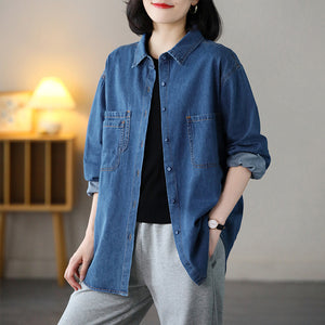 Áo sơ mi denim dài tay cổ đức form dài ba túi kiểu - NU8146