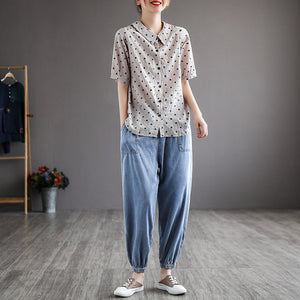 Áo sơ mi linen ngắn tay cổ pipi chấm bi - NU6861