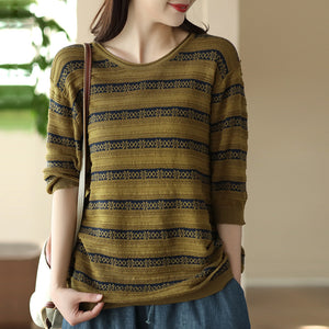 Áo T-shirt ngắn tay dệt kim kẻ sọc hoa văn retro - NU8490