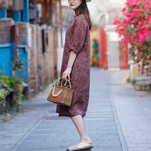 Đầm liền linen ngắn tay cổ tròn xếp ly in hoa liti - NU8275