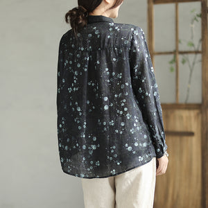 Áo sơ mi linen dài tay cổ đức in hoa lá túi giả - NU8208