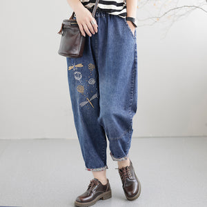 Quần baggy denim thêu chuồn chuồn và hoa bồ công anh - NU7602