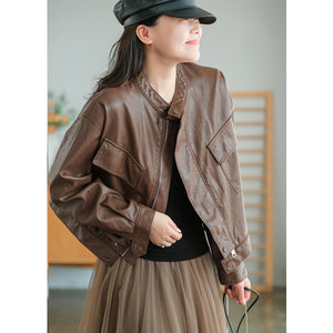 Áo khoác da croptop cổ đứng hai túi vuông - NU7752