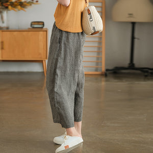 Quần baggy linen lưng thun kẻ sọc caro nhỏ ống rộng - Q258