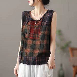Áo sơ mi linen sát nách cổ tròn một túi in hoa văn - NU6721