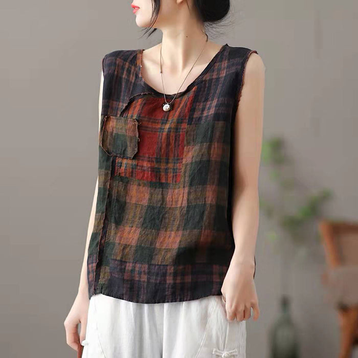 Áo sơ mi linen sát nách cổ tròn một túi in hoa văn - NU6721
