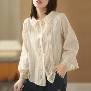 Áo sơ mi linen dài tay cổ tròn đính bèo thêu hoa lá hai chiều - NU6684