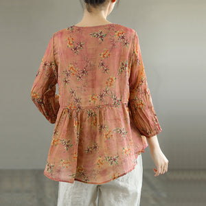 Áo sơ mi linen tay lửng cổ tròn xếp ly in hoa liti - NU7214