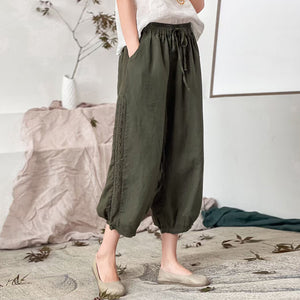 Quần baggy linen lưng thun dây rút thêu ren hai bên - NU7479