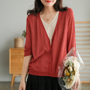 Áo khoác len cardigan dệt kim ngắn tay cổ V hai lớp - NU6589