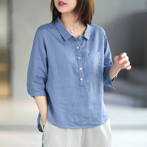Áo sơ mi linen ngắn tay cổ đức khuy cài sát túi - NU5604
