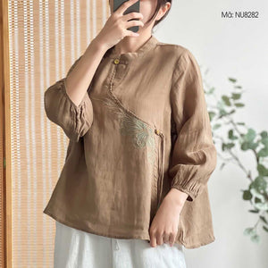 Áo sơ mi linen tay lửng cổ tàu vạt chéo thêu hoa văn - NU8280