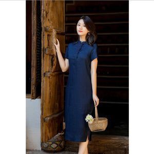 Đầm liền linen ngắn tay cổ tàu khuy tròn thêu họa tiết - NU5902