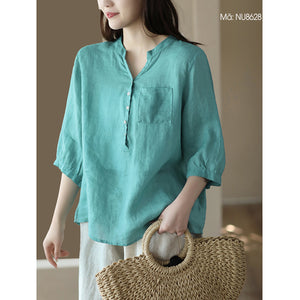 Áo sơ mi linen ngắn tay cổ V một túi vuông - NU8626