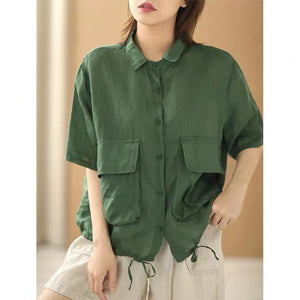 Áo sơ mi linen ngắn tay cổ đức hai túi vương có dây rút - NU7491