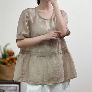 Áo sơ mi linen ngắn tay cổ tròn thêu bông tuyết khuy cài sau - NU7473