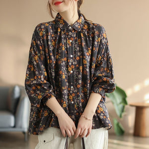 Áo sơ mi linen dài tay cổ pipi xếp ly in hoa liti  - NU6719