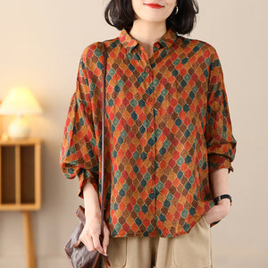 Áo sơ mi linen dài tay cổ đức in hình retro form rộng - NU8314