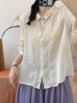 Áo sơ mi linen ngắn tay cổ pipi thêu những bông tuyết đối xứng - NU7182