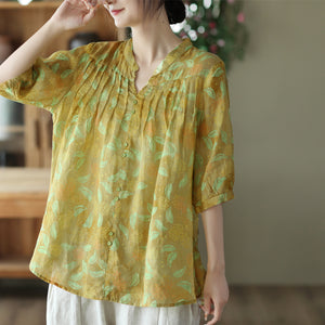 Áo sơ mi linen ngắn tay cổ V khuy đôi in hoa lá - NU8578