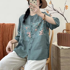 Áo sơ mi linen ngắn tay cổ đứng in hoa lá trước ngực - NU8642