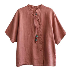 Áo sơ mi linen ngắn tay cổ đứng khuy tròn cài lệch - NU6918