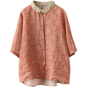 Áo sơ mi linen ngắn tay cổ pipi phối màu in những nhành cây - NU7506