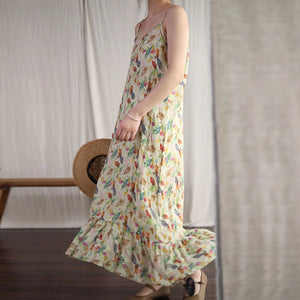 Đầm liền linen hai dây in hoa lá tùng xòe - NU7126