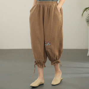 Quần baggy linen lưng thun thêu giỏ hoa ống túm dây rút - NU6631