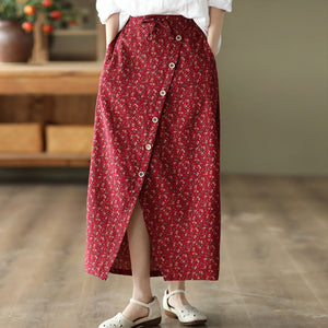 Chân váy linen lưng thun thắt dây xẻ tà chéo in hoa liti - NU8317