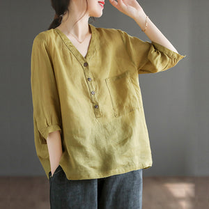 Áo sơ mi linen ngắn tay cổ V túi lớn bốn khuy - NU7410