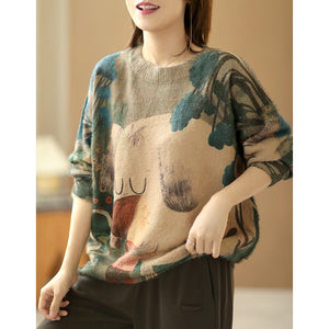 Áo len cashmere dài tay vẽ cô gái và chú cún - NU6170