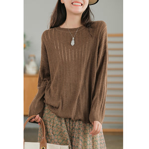 Áo T-shirt len dài tay tay cổ tròn sọc gân - NU7684