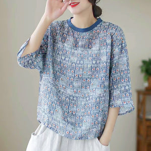 Áo T-shirt linen ngắn tay cổ tròn bo thun in hoa văn - NU7302