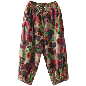 Quần baggy linen lưng thun dây rút in những bông hoa sắc màu - NU7489