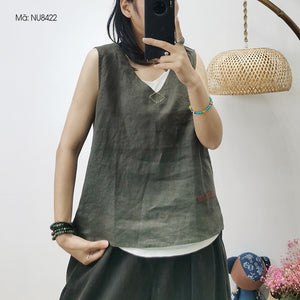 Áo T-shirt linen sát nách cổ V đơn sắc - NU8420