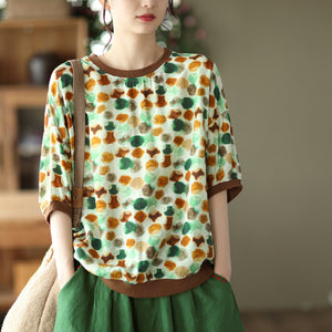 Áo T-shirt linen ngắn tay cổ tròn in hoa lá bo viền - A763