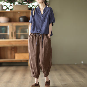 Áo sơ mi linen ngắn tay cổ V túi tròn kiểu - NU7059