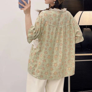 Áo sơ mi ngắn tay cổ tròn in retro thêu ren - NU8327