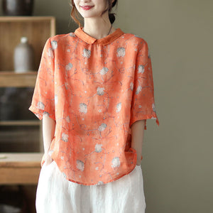 Áo sơ mi linen ngắn tay cổ pipi họa tiết hoa lá - NU6806