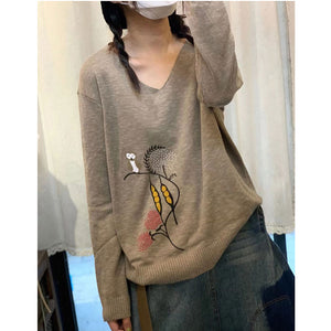 Áo len dệt kim dài tay cổ V in nhành hoa và chim cú - NU7757