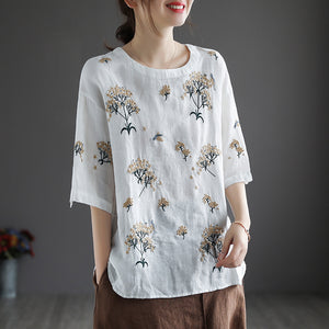 Áo sơ mi linen tay lửng cổ tròn thêu hoa vạt bo tròn - NU8411