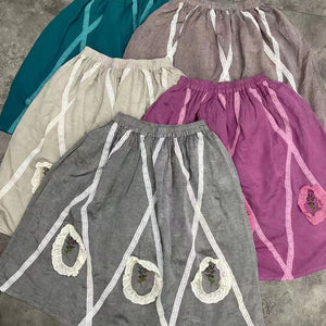 Chân váy retro linen lưng thun thêu ren 3D - NU8328